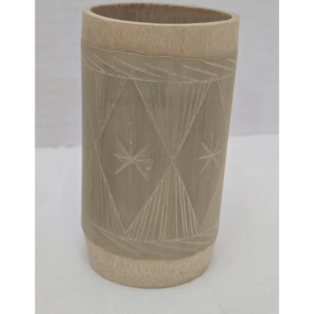 Two Vintage Jamaican‎ Hand Carved Bamboo Tiki Craft Cups Or Vases 4 Inches